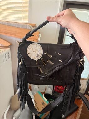 Black Fringe Leather Top-Handle Bag with Embellished Accent